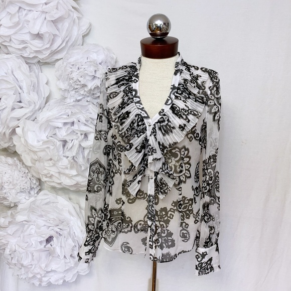White House Black Market Tops - WHBM sheer ruffle front printed top 6 White House Black Market Tops - WHBM sheer ruffle front printed top 6